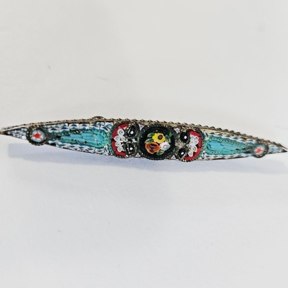 Vintage Millefiori Italian Glass Micro Mosaic Floral Inlaid Roman Bar Brooch Pin - Picture 2 of 8